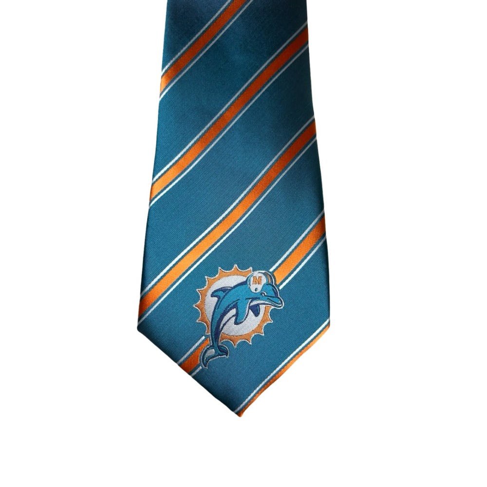Miami Dolphins NFL Necktie Teal Orange White Striped Logo Silk Blend Men Tie